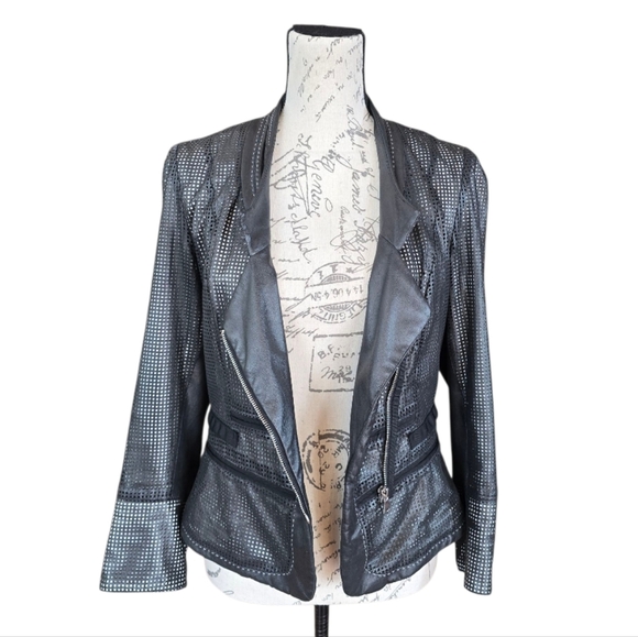 Elie Tahari Fitted Perforated Black Leather Zip Moto Jacket S - Picture 6 of 9